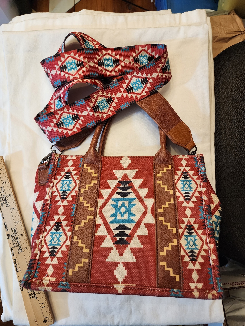 Wrangler Southwest Aztec Pattern Shoulder Bag in Rust Red and Turquoise